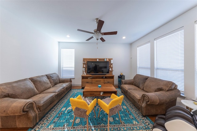 living room with ceiling fan