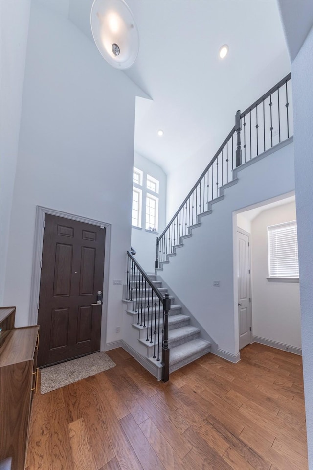 entrance foyer with a towering ceiling and wood-type flooring