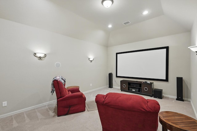 home theater featuring visible vents, recessed lighting, carpet floors, lofted ceiling, and baseboards