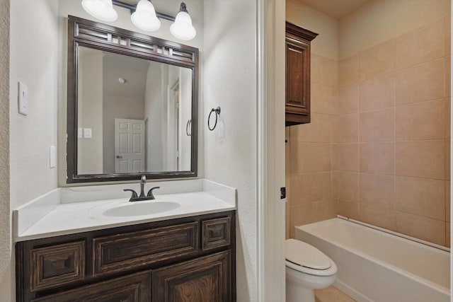 full bathroom with washtub / shower combination, vanity, and toilet