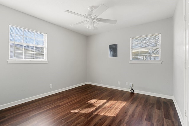 empty room with dark hardwood / wood-style flooring and ceiling fan