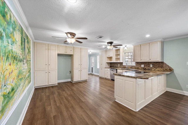 kitchen with crown molding, open shelves, visible vents, dishwasher, and a peninsula