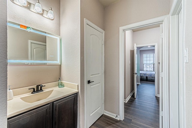 bathroom with hardwood / wood-style floors and vanity