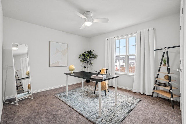 office space featuring ceiling fan and carpet flooring