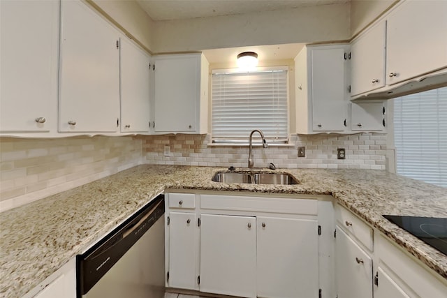 kitchen with sink, backsplash, dishwasher, black electric stovetop, and white cabinets