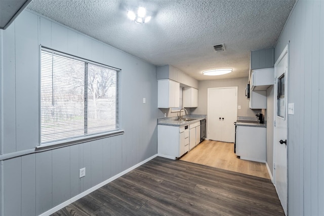 kitchen featuring wood-type flooring, dishwasher, a textured ceiling, sink, and white cabinetry