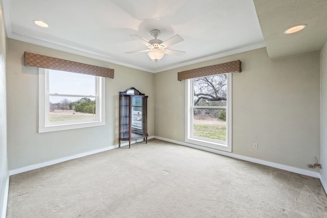 carpeted spare room featuring crown molding and ceiling fan