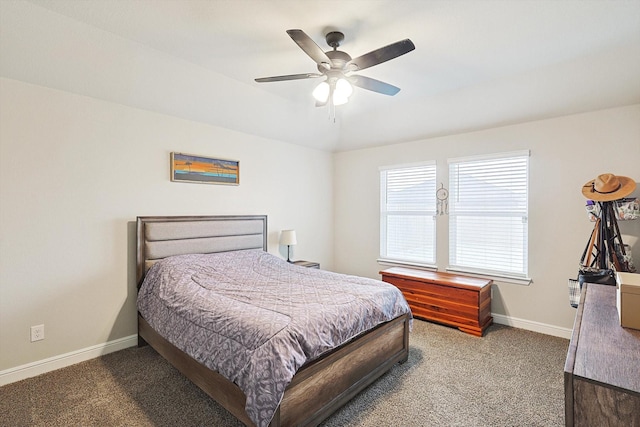 bedroom featuring carpet floors, a ceiling fan, and baseboards