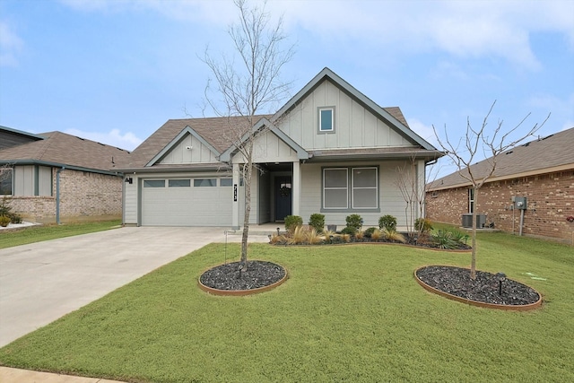 view of front facade featuring board and batten siding, an attached garage, driveway, and a front lawn