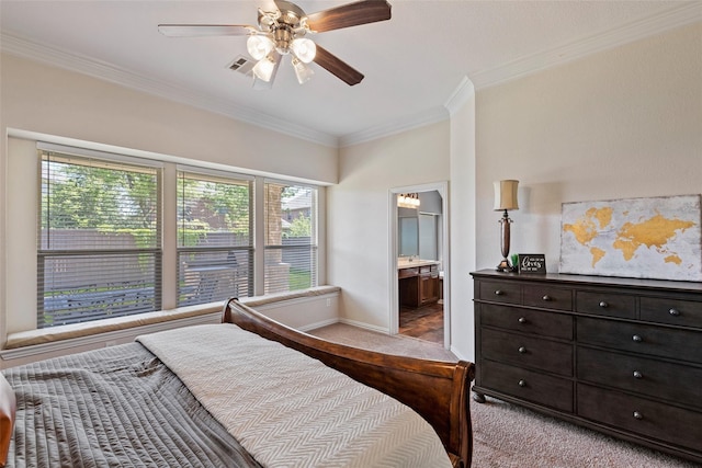 7621 Glenwood Springs Ln, Mckinney, TX 75070 - bedroom with carpet, crown molding, a ceiling fan, baseboards, and ensuite bathroom