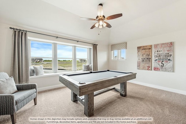 rec room with lofted ceiling, pool table, light colored carpet, and ceiling fan