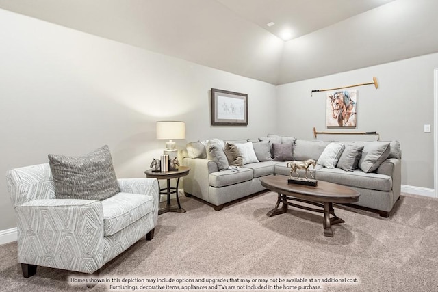 carpeted living room with lofted ceiling