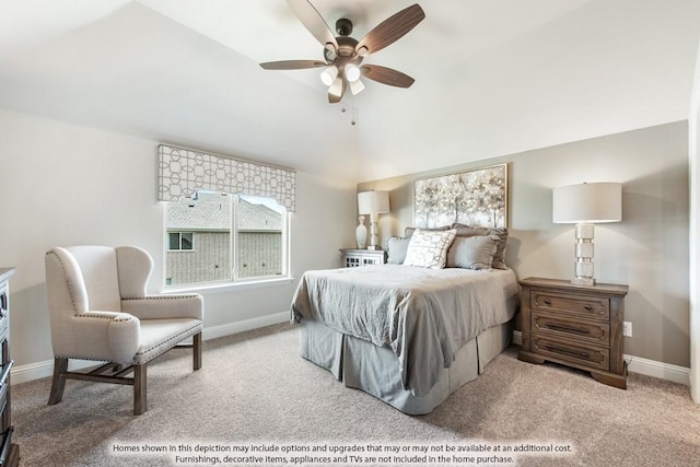 bedroom with ceiling fan, carpet flooring, and lofted ceiling