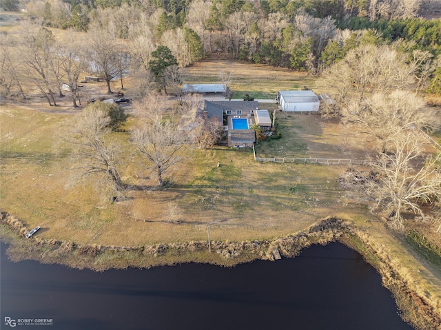 aerial view with a rural view and a water view