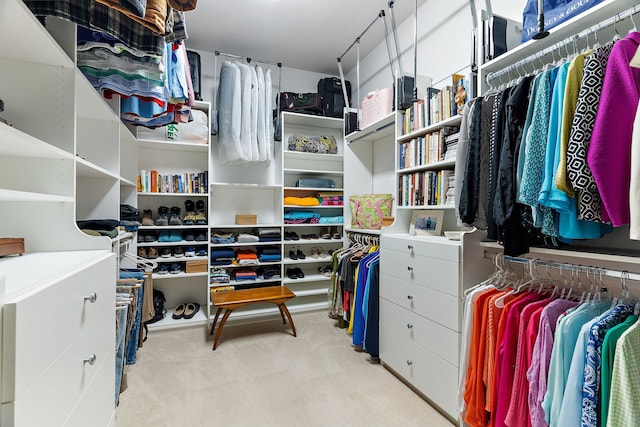 walk in closet with light colored carpet