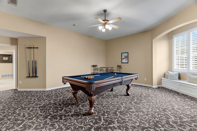 recreation room featuring dark carpet, ceiling fan, and billiards