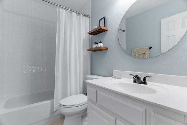 full bathroom with shower / bath combination with curtain, vanity, and toilet