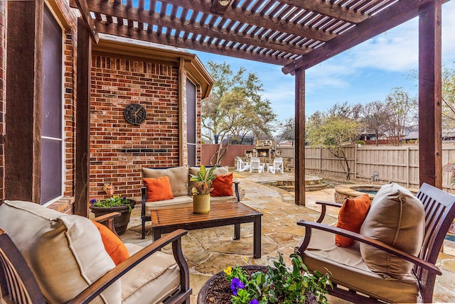 view of patio / terrace featuring a pergola and an outdoor hangout area