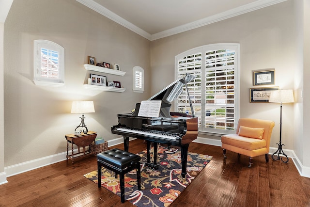 sitting room with dark hardwood / wood-style floors and ornamental molding