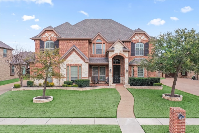2418 Strathfield Ln, Trophy Club, TX 76262 - view of front of house featuring stone siding, roof with shingles, brick siding, and a front lawn