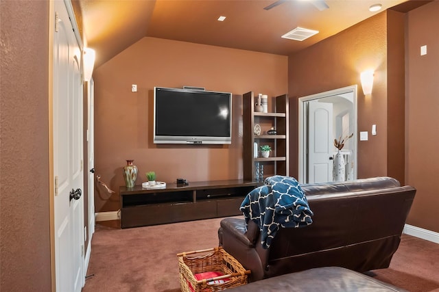 2418 Strathfield Ln, Trophy Club, TX 76262 - carpeted living area featuring baseboards, visible vents, and vaulted ceiling
