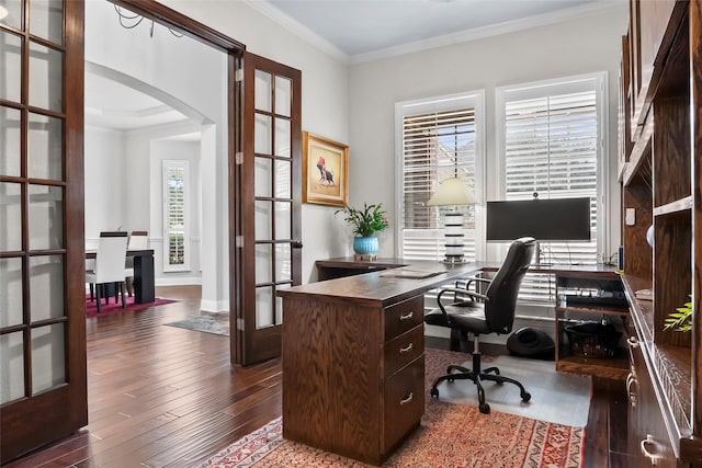 2418 Strathfield Ln, Trophy Club, TX 76262 - office space with ornamental molding, dark wood-type flooring, french doors, and arched walkways