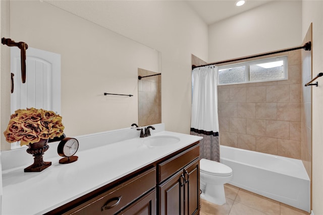 full bath with toilet, vanity, tile patterned flooring, and shower / bath combo with shower curtain