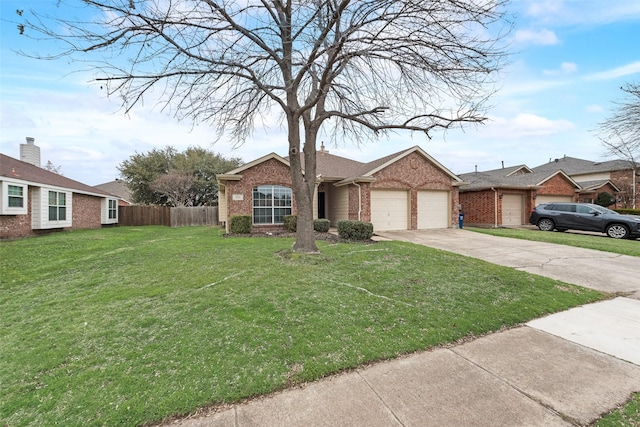 single story home featuring a front yard and a garage