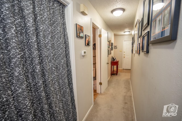 hall with carpet flooring and a textured ceiling