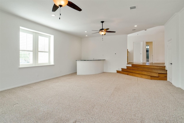 1306 Lexington Sq, Southlake, TX 76092 - unfurnished living room featuring a ceiling fan, carpet, stairs, recessed lighting, and baseboards