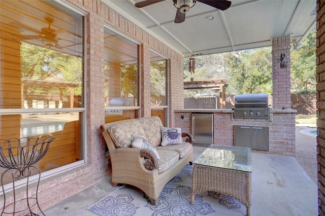 1306 Lexington Sq, Southlake, TX 76092 - sunroom / solarium featuring an outdoor kitchen, ceiling fan, and an outdoor hangout area