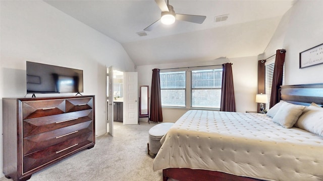 carpeted bedroom with ceiling fan and lofted ceiling