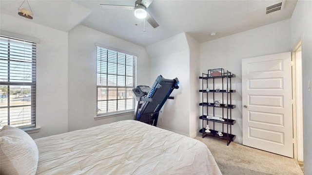 carpeted bedroom featuring ceiling fan