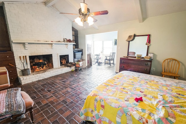 bedroom featuring a fireplace, ceiling fan, and lofted ceiling with beams