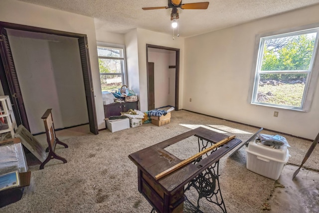 carpeted living room with ceiling fan and a textured ceiling