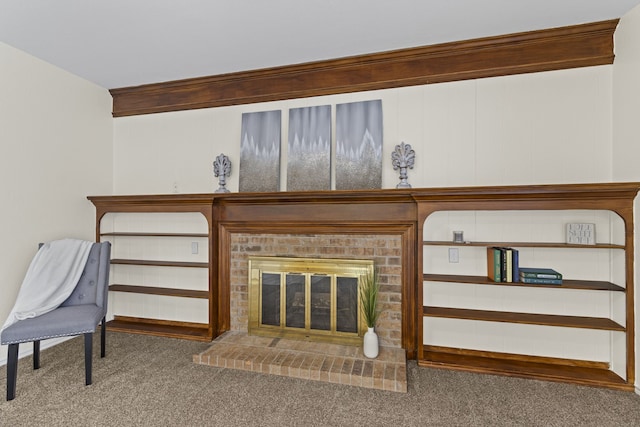 living room featuring a brick fireplace and carpet floors