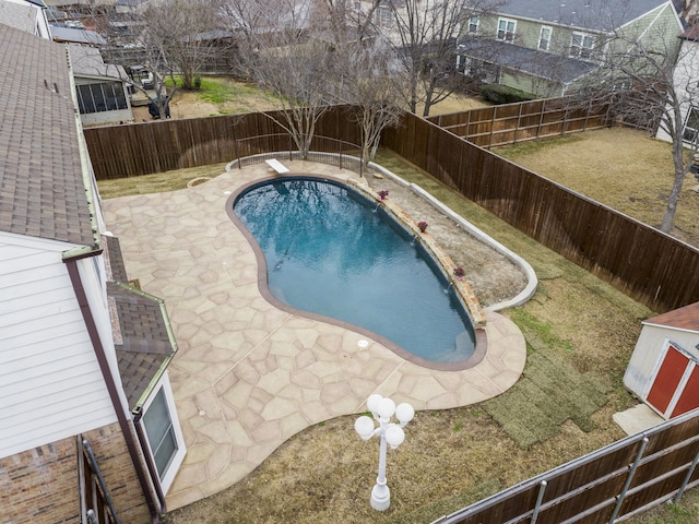 view of pool featuring a yard, a patio area, and a diving board