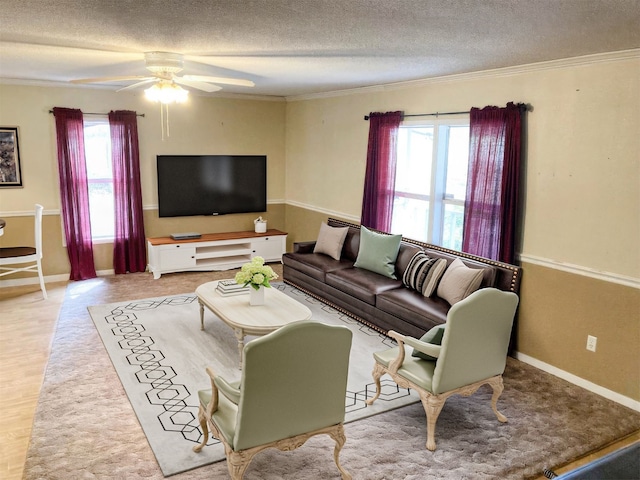 living room with baseboards, a ceiling fan, a textured ceiling, and ornamental molding