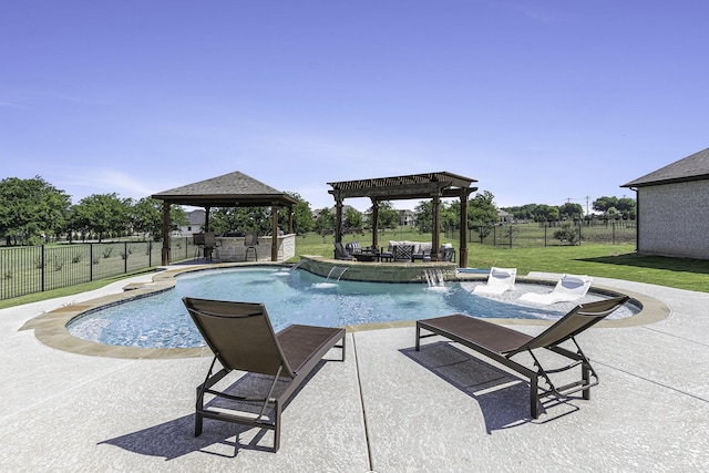 view of pool featuring a patio, a fenced backyard, a gazebo, a lawn, and a fenced in pool