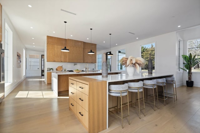 kitchen with a breakfast bar, a large island, light hardwood / wood-style flooring, and decorative light fixtures