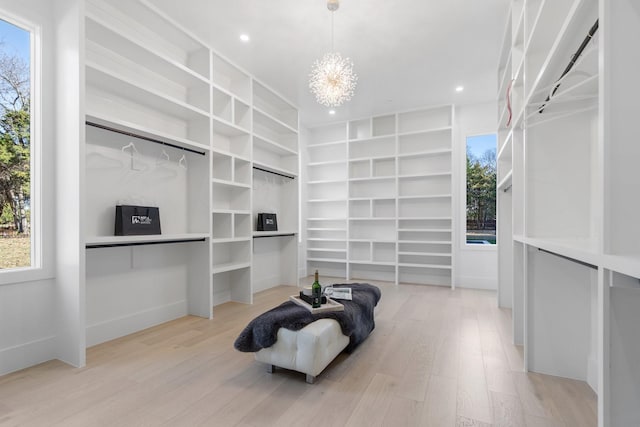 spacious closet featuring an inviting chandelier and light hardwood / wood-style flooring