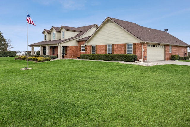 cape cod home featuring an attached garage, brick siding, a shingled roof, concrete driveway, and a front yard