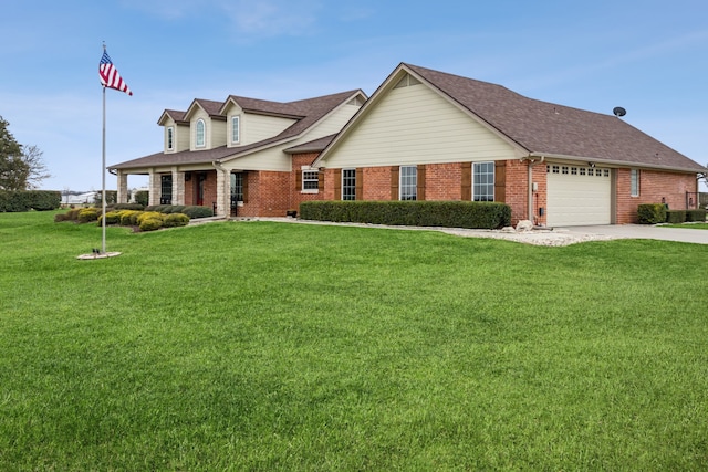 958 Heritage Creek Dr, Rhome, TX 76078 - cape cod-style house with a front yard, an attached garage, concrete driveway, brick siding, and roof with shingles