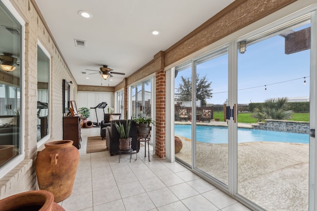 958 Heritage Creek Dr, Rhome, TX 76078 - sunroom / solarium featuring tile patterned floors, ceiling fan, visible vents, and recessed lighting