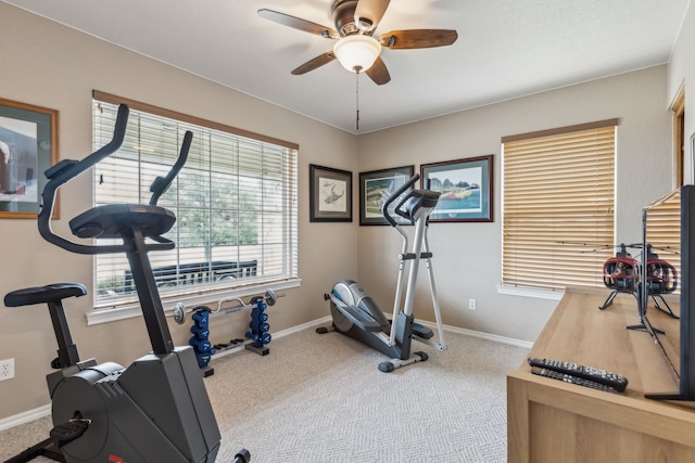 958 Heritage Creek Dr, Rhome, TX 76078 - workout area with ceiling fan, carpet flooring, and baseboards