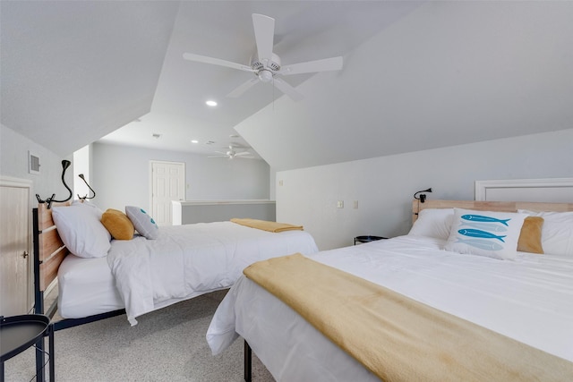 carpeted bedroom featuring lofted ceiling and ceiling fan