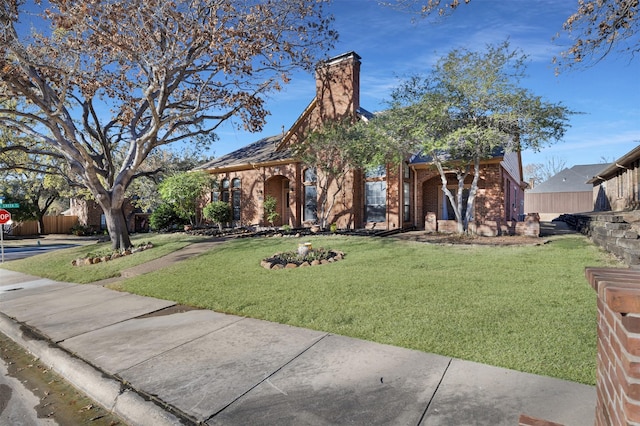 view of front of home featuring a front yard, fence, and brick siding