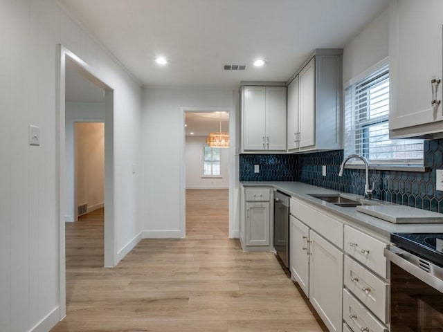 kitchen featuring sink, backsplash, appliances with stainless steel finishes, and light hardwood / wood-style flooring