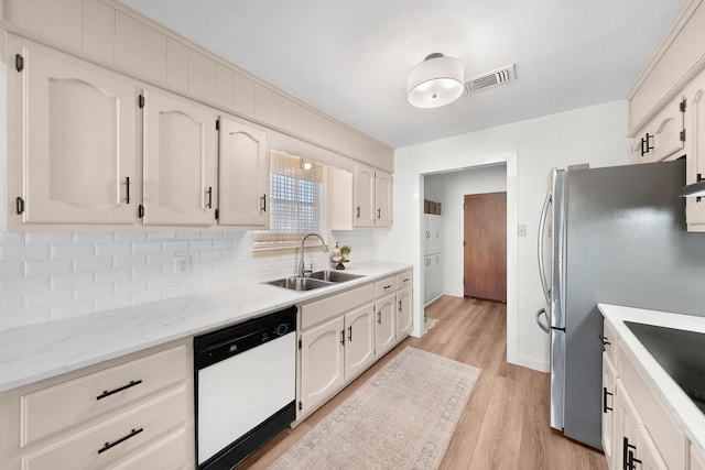 kitchen featuring white cabinets, dishwasher, tasteful backsplash, and sink