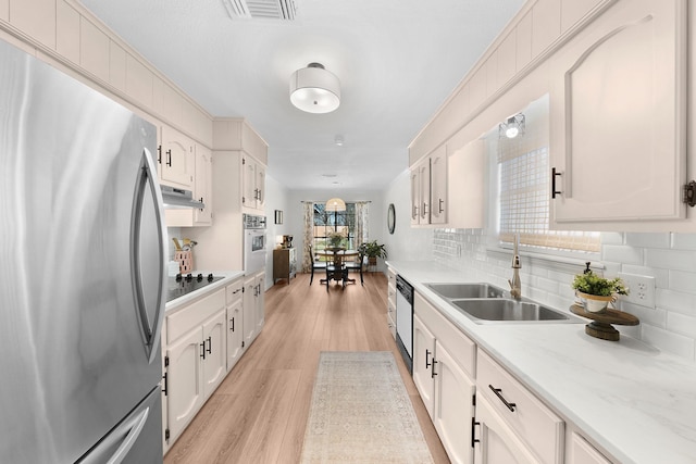 kitchen featuring decorative backsplash, white cabinetry, stainless steel appliances, and sink